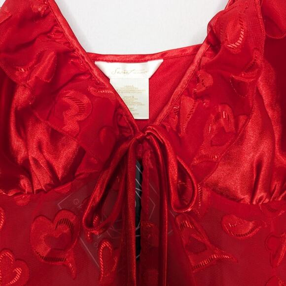 Vintage Y2K Red Satin Heart Pattern Semi Sheer Cami Top Sleeveless Bow Size L - Picture 4 of 11